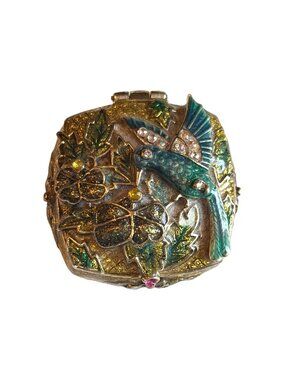VTG Monet Enamel Hinged Trinket Pill Box Hummingbird Floral Rhinestones Artsy